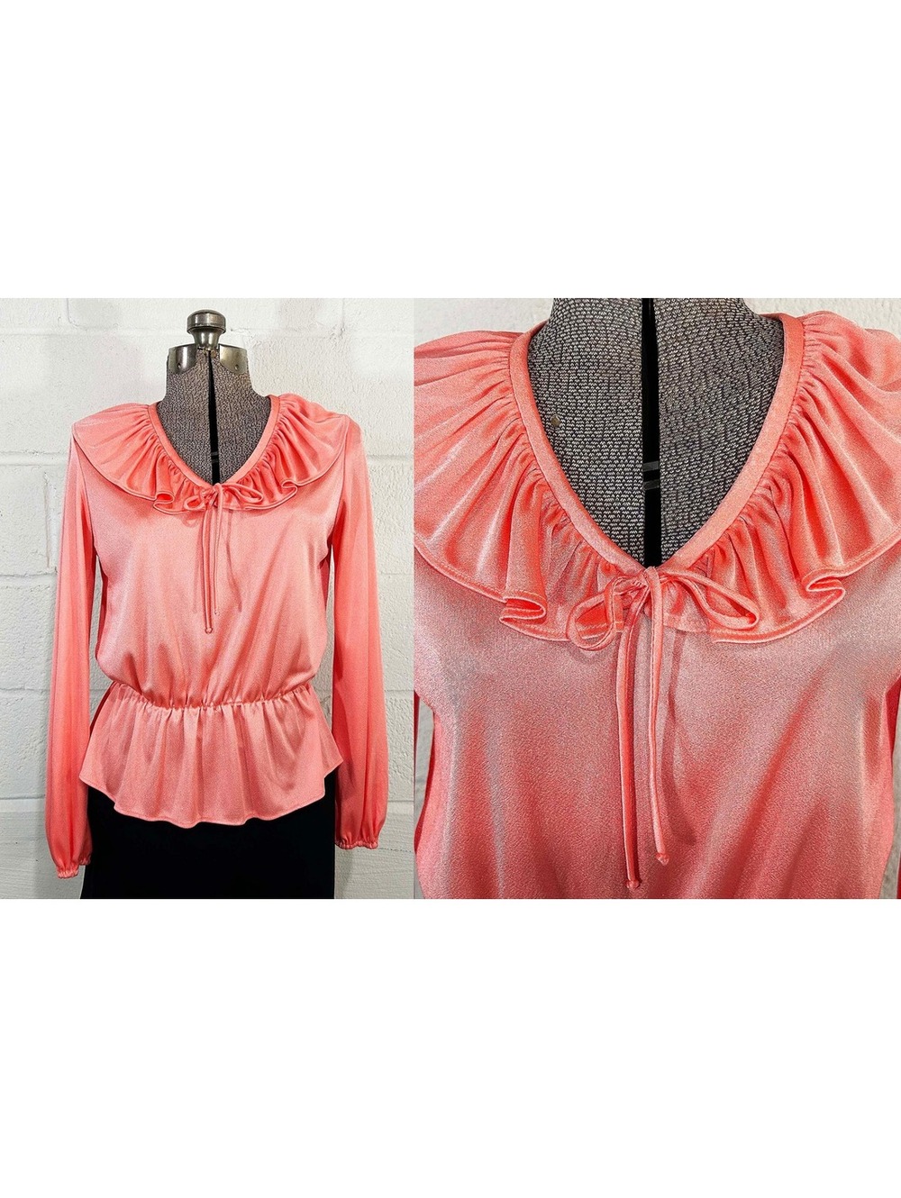 Vintage Peach Peasant Top Gathered Tie V Neck 1960s Medium Large